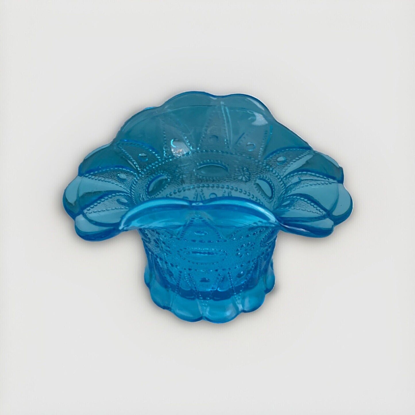 Vintage Kemple Blue Glass Basket Hat Vase Lace Dew Drop Pattern Lace N Dewdrop