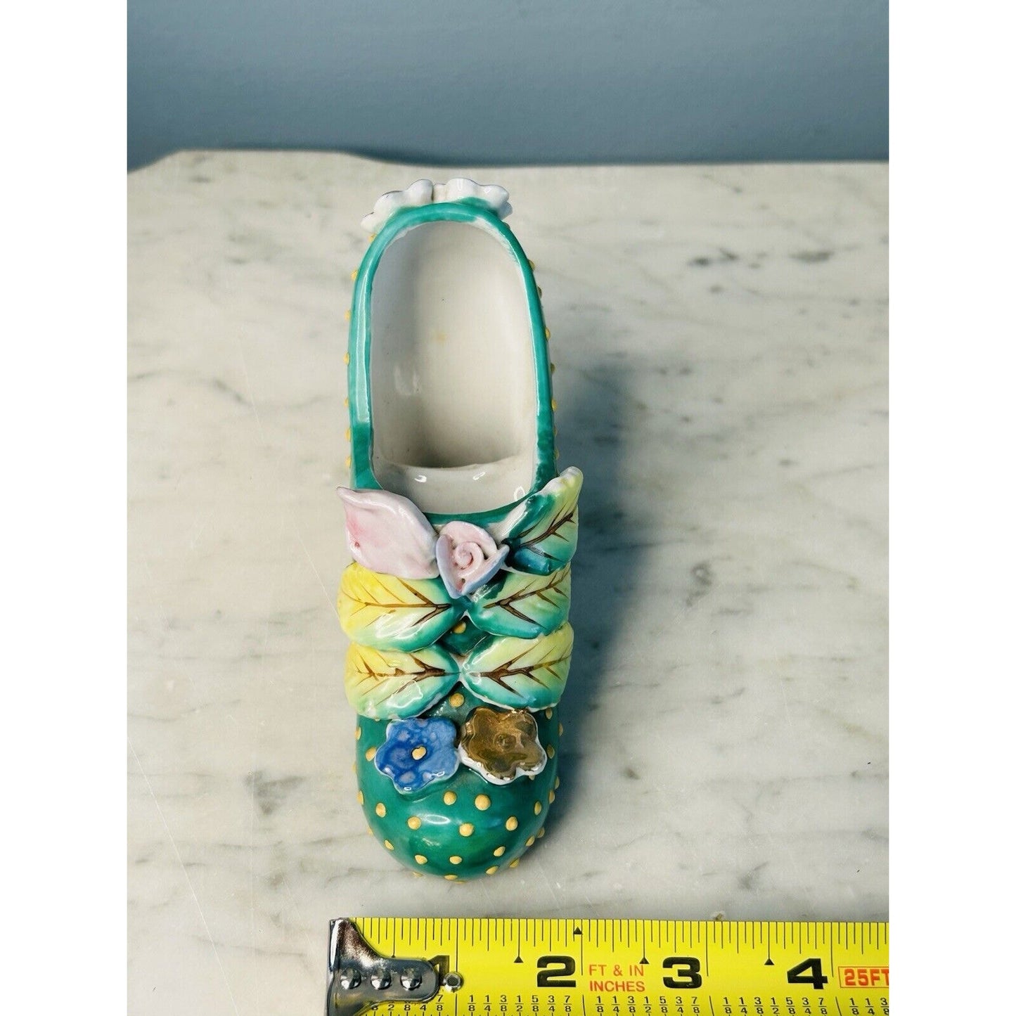 Vintage Hand Painted Shoe High Heel Polka Dots 3D Flowers Leaf Green 4" Japan