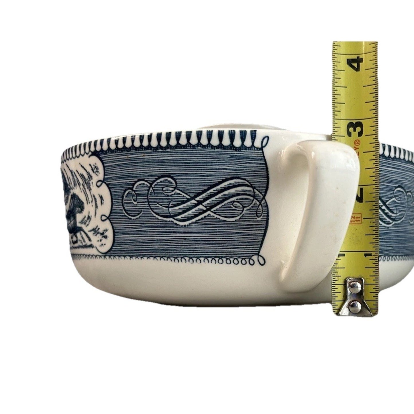 Royal Currier & Ives Blue White Ironstone Covered Casserole Dish Handles Vintage