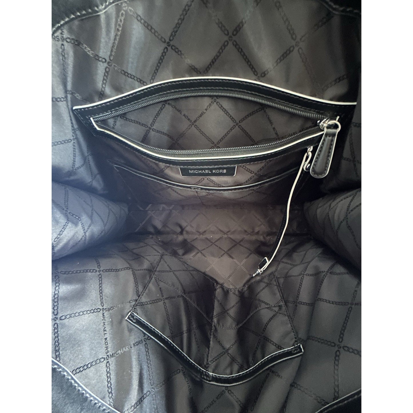 Michael Kors Bay Large Tote East West Woven Canvas Shoulder Black White Bag