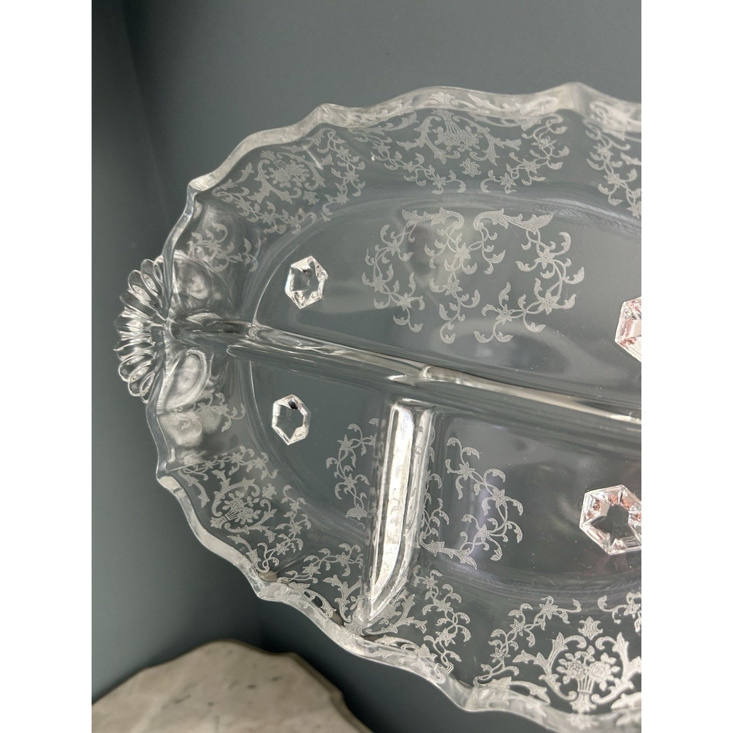 Fostoria Meadow Rose 3 Part Glass Footed Relish Dish Etched Crystal Vintage
