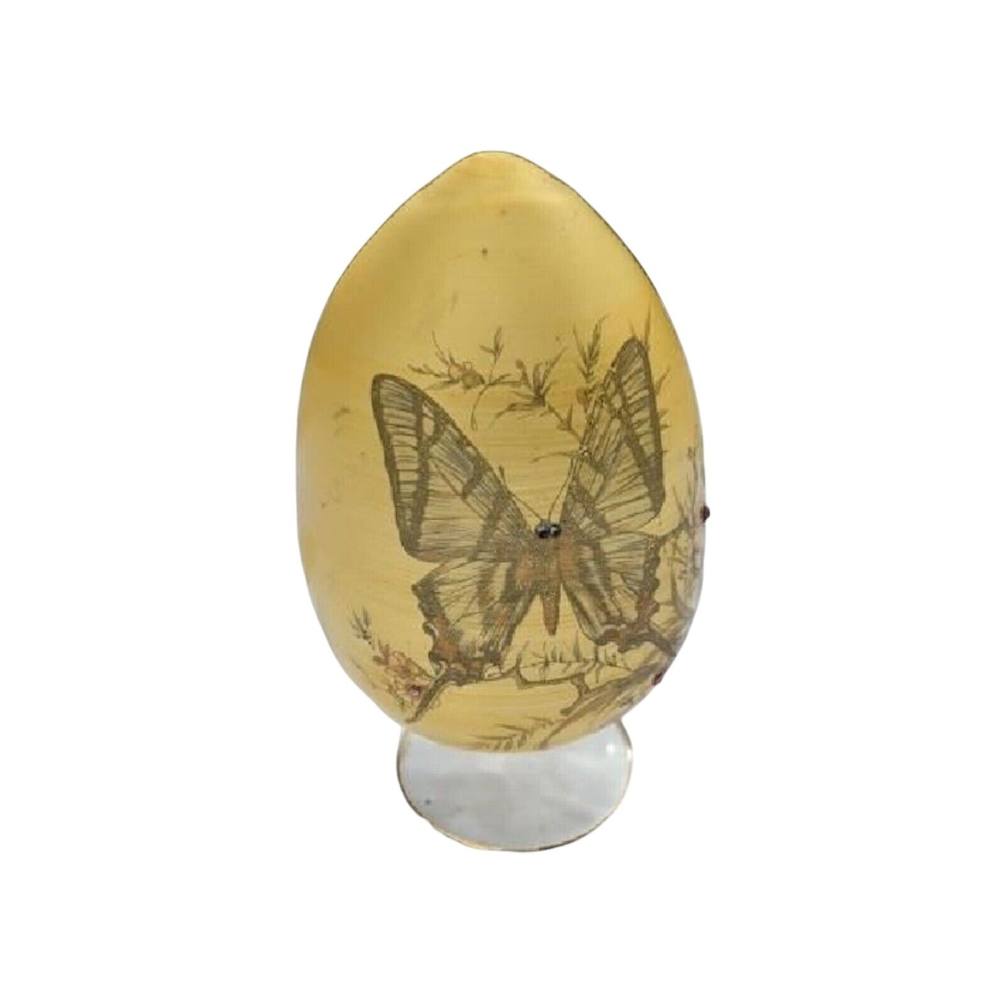 Butterfly Egyptian Glass Egg On Stand Gemstones Yellow Hand blown Hand Crafted