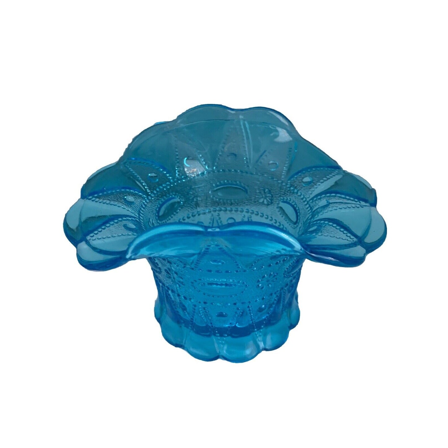 Vintage Kemple Blue Glass Basket Hat Vase Lace Dew Drop Pattern Lace N Dewdrop