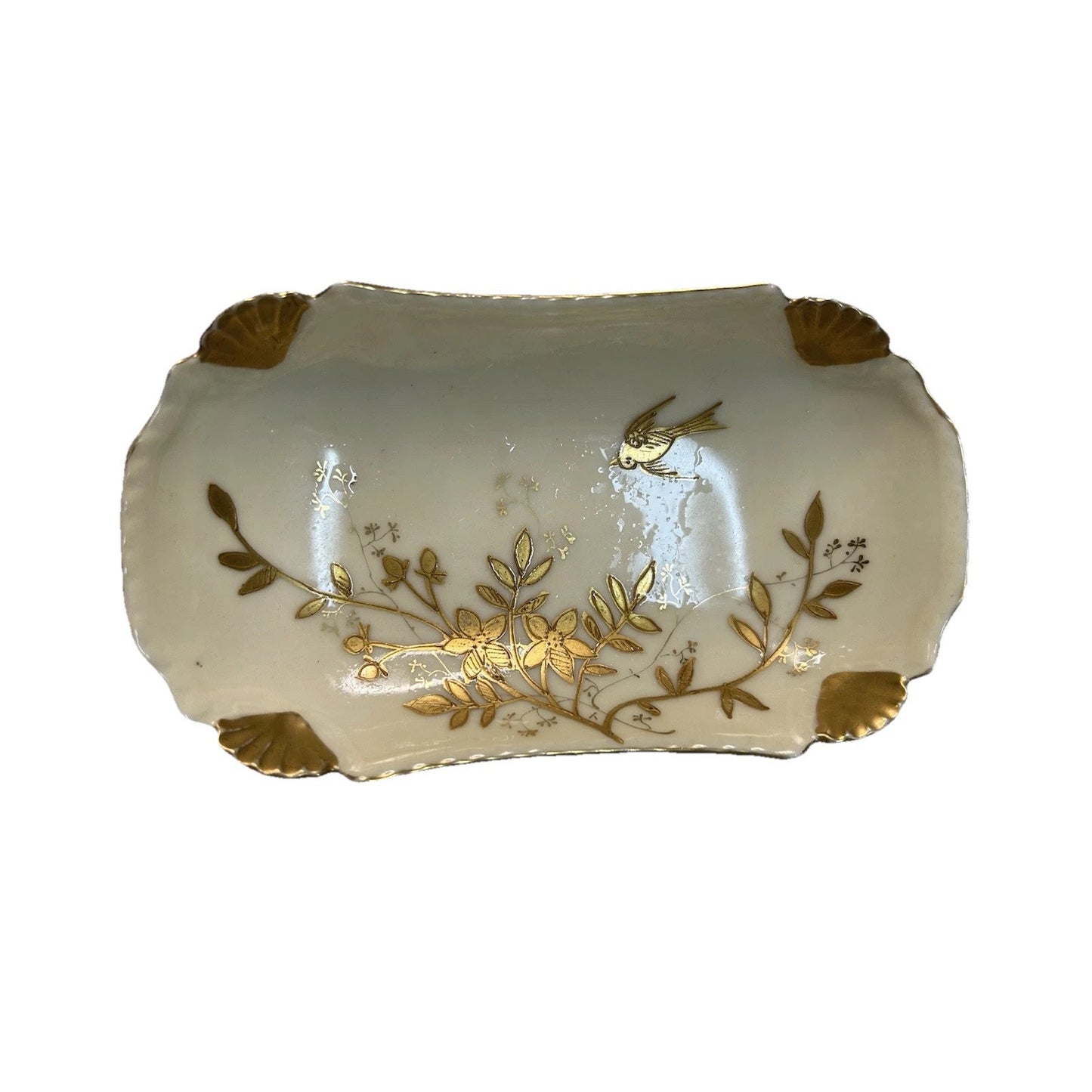 Antique Haviland Limoges France Rectangular White Gold Tray Bird Shells 1889