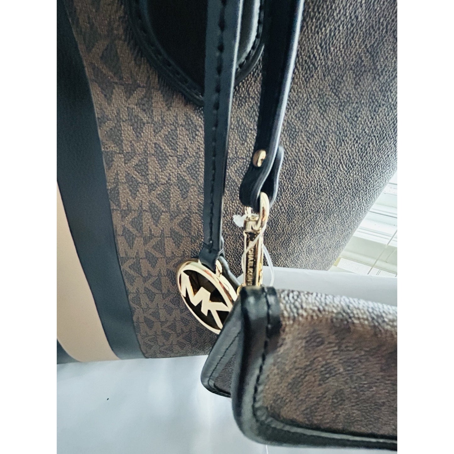 Michael Kors Eva Large Logo Stripe Tote Bag Plus Pouch Black Camel Laptop NWT