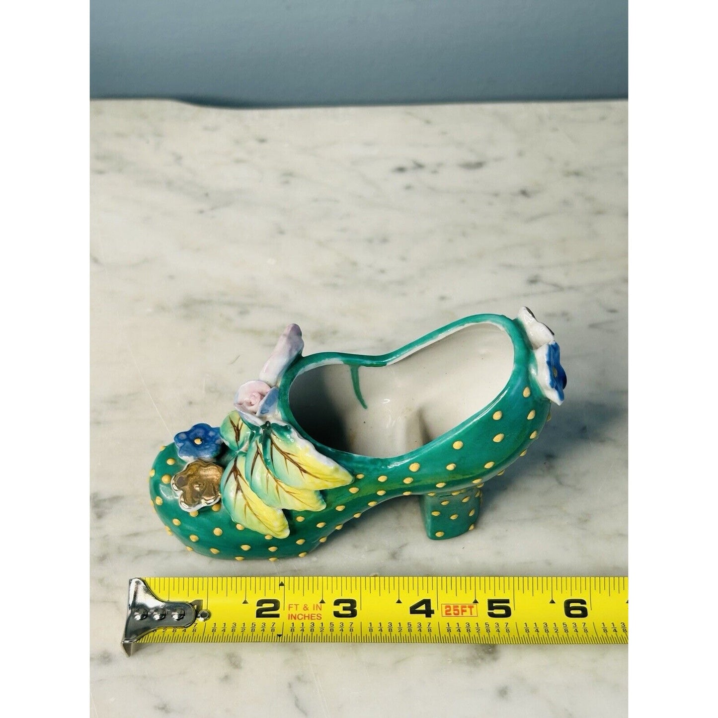 Vintage Hand Painted Shoe High Heel Polka Dots 3D Flowers Leaf Green 4" Japan