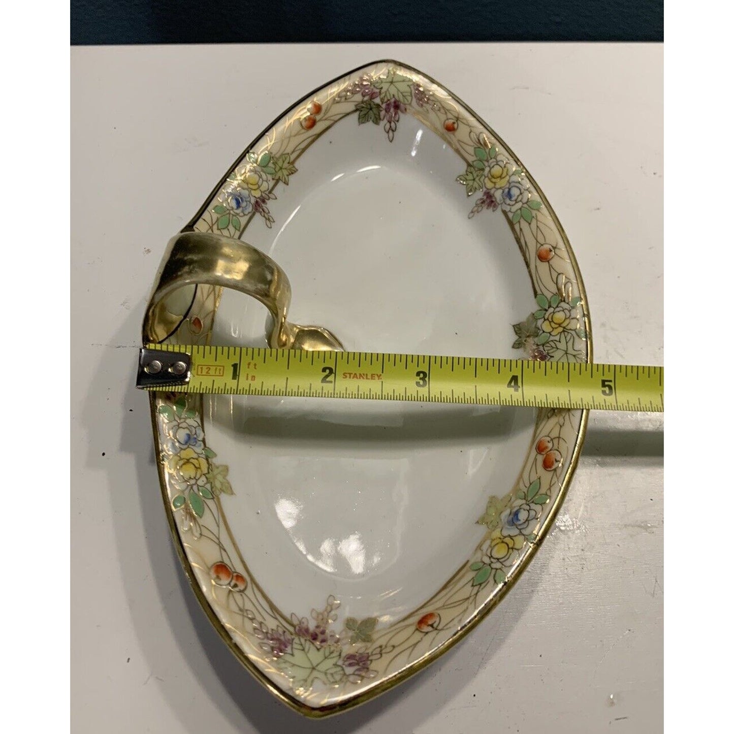 Vintage Nippon Hand Painted Divided Dish Tray w/ Finger Hole Handle Gold Flowers