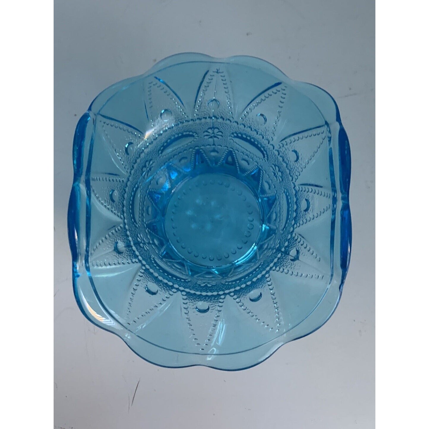 Vintage Kemple Blue Glass Basket Hat Vase Lace Dew Drop Pattern Lace N Dewdrop