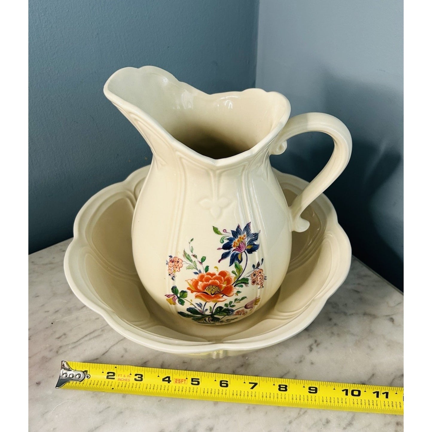 McCoy White Ironstone Pitcher Bowl # 7529 Ribbed & Flower Design Vintage USA