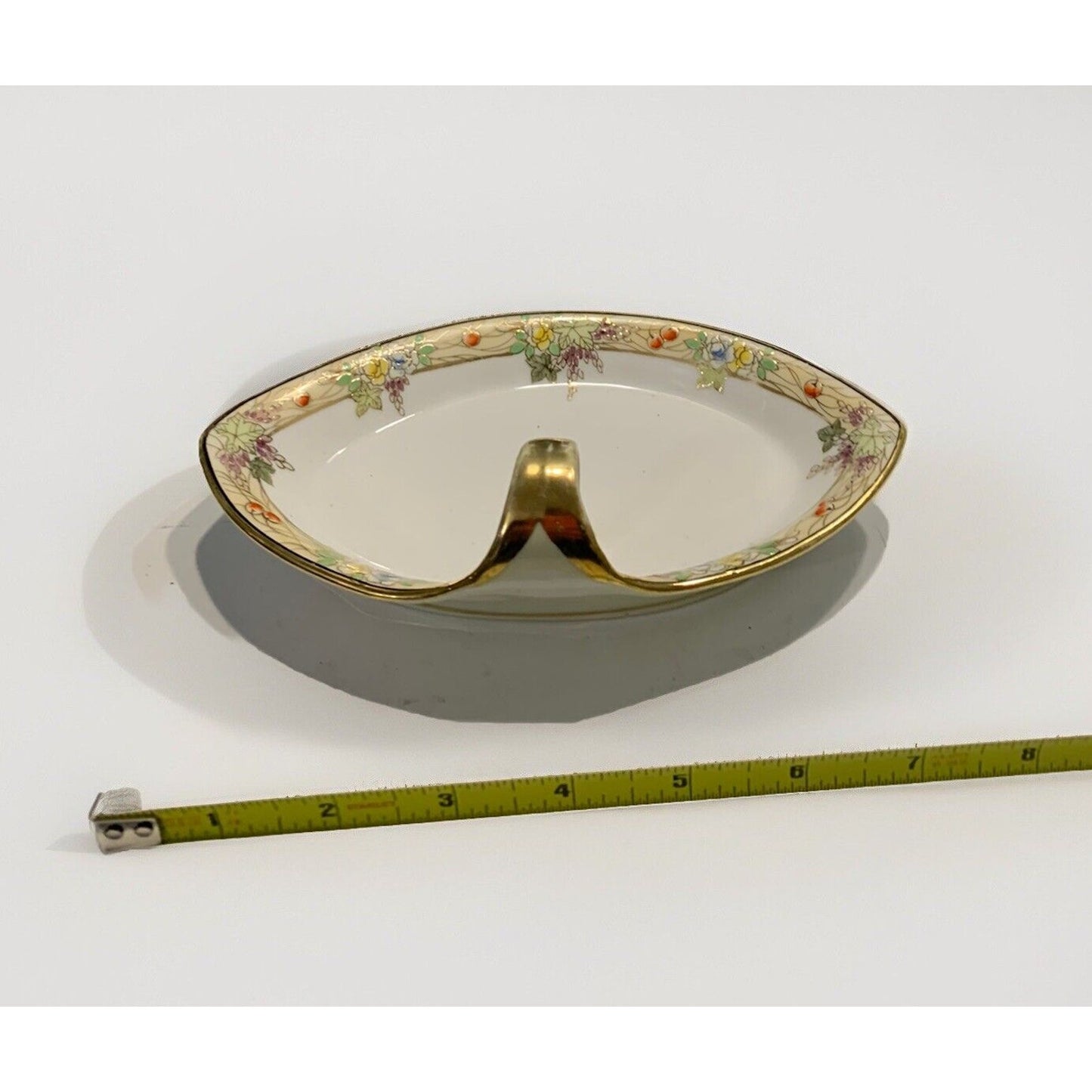 Vintage Nippon Hand Painted Divided Dish Tray w/ Finger Hole Handle Gold Flowers