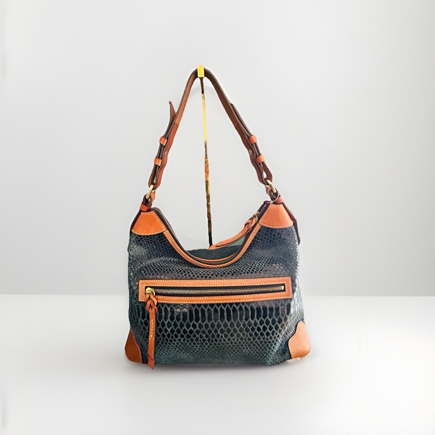 Dooney & Bourke Erica 90s Hobo Bag Snake Embossed Navy Blue Leather Suede Purse