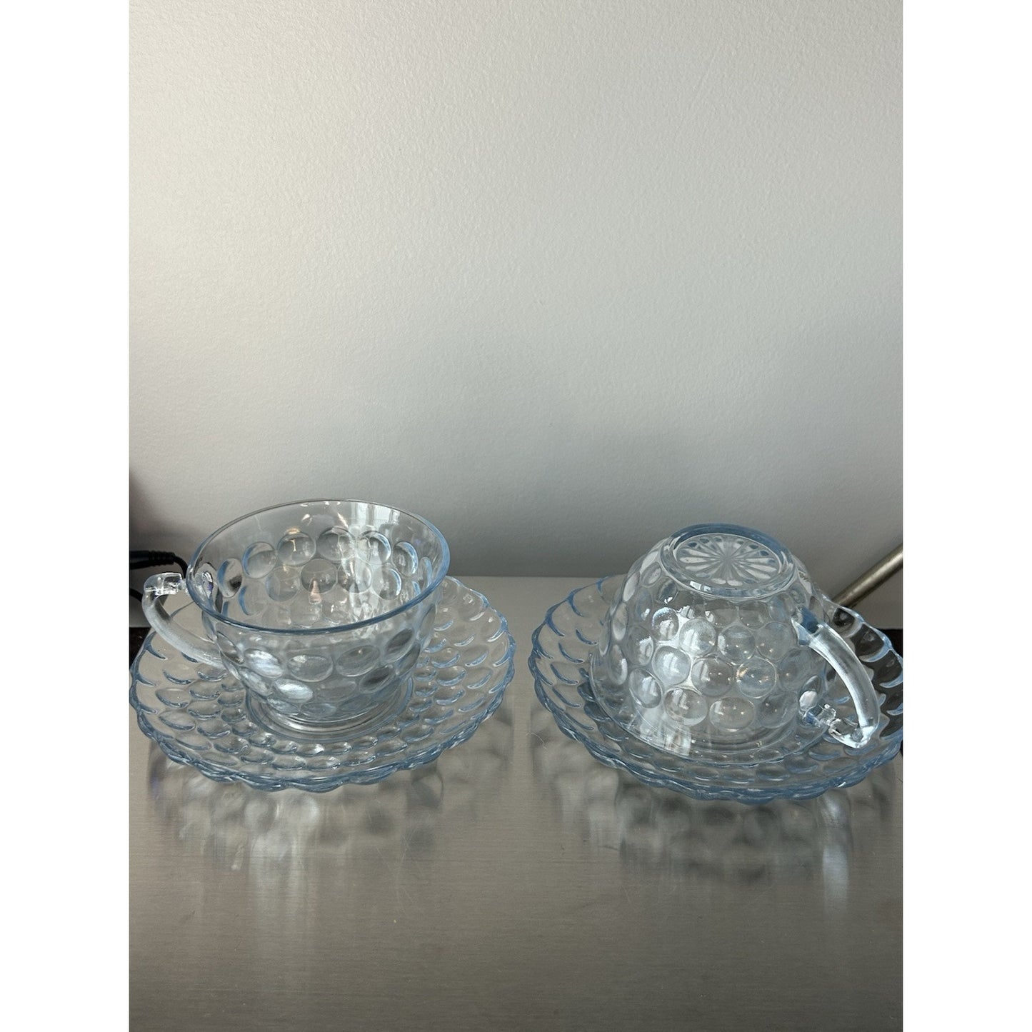 2 Anchor Hocking Fire King Blue Bubble Cup Saucer MCM 1940-1965 Coffee Tea