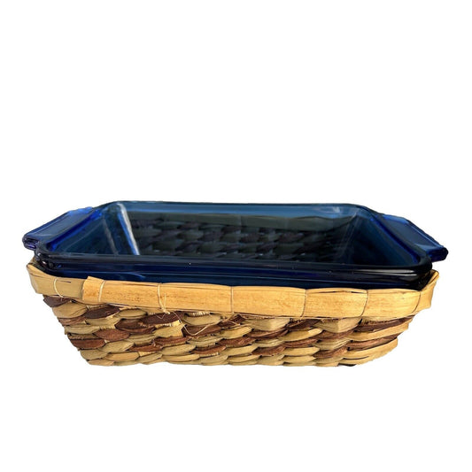 Cobalt Blue Anchor Hocking Loaf Dish 1.5 Qt Baking Pan w/ Woven Serving Basket