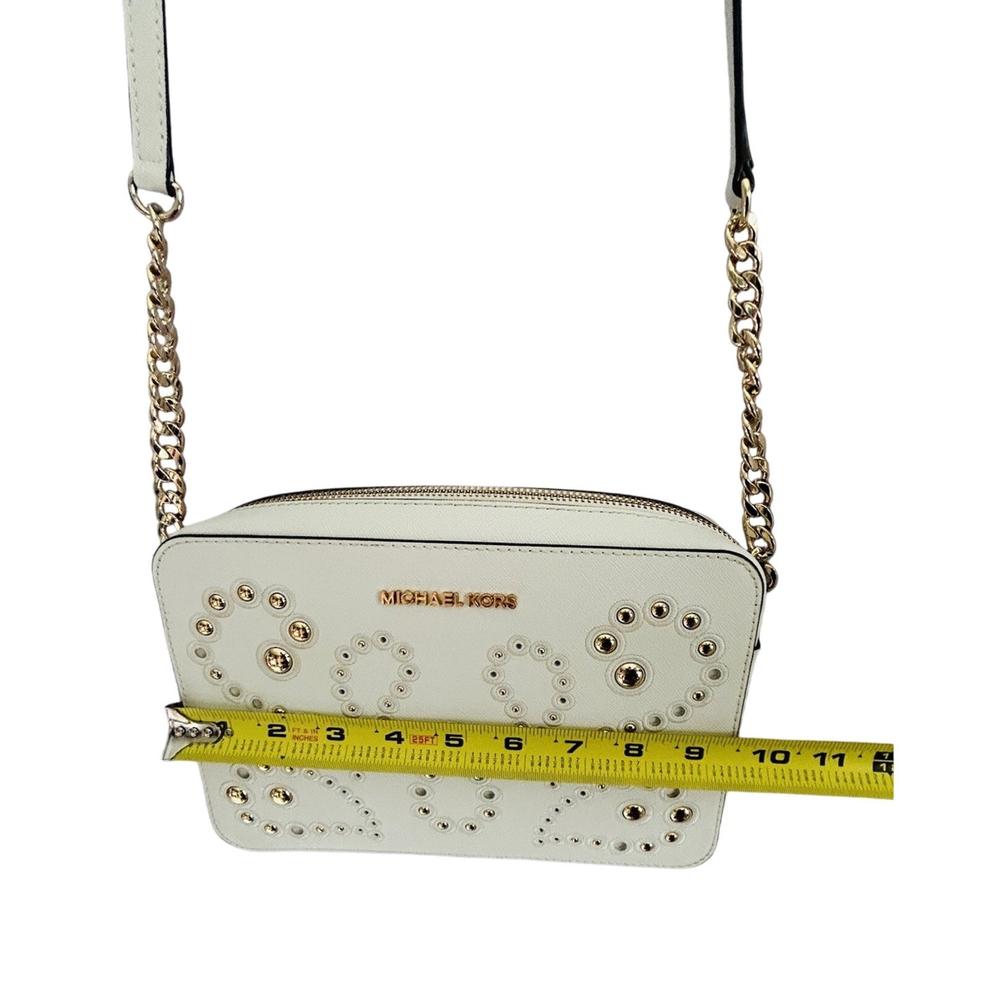 Michael Kors Ginny Leather Crossbody White Embellished Gold Studded Bag New