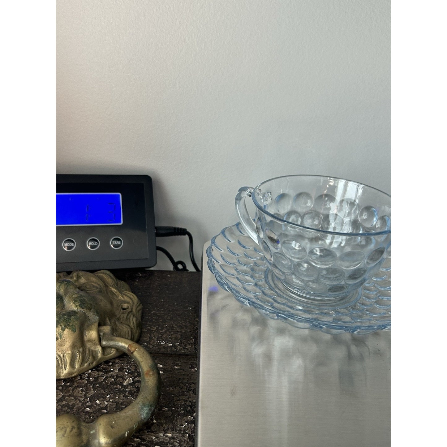 2 Anchor Hocking Fire King Blue Bubble Cup Saucer MCM 1940-1965 Coffee Tea