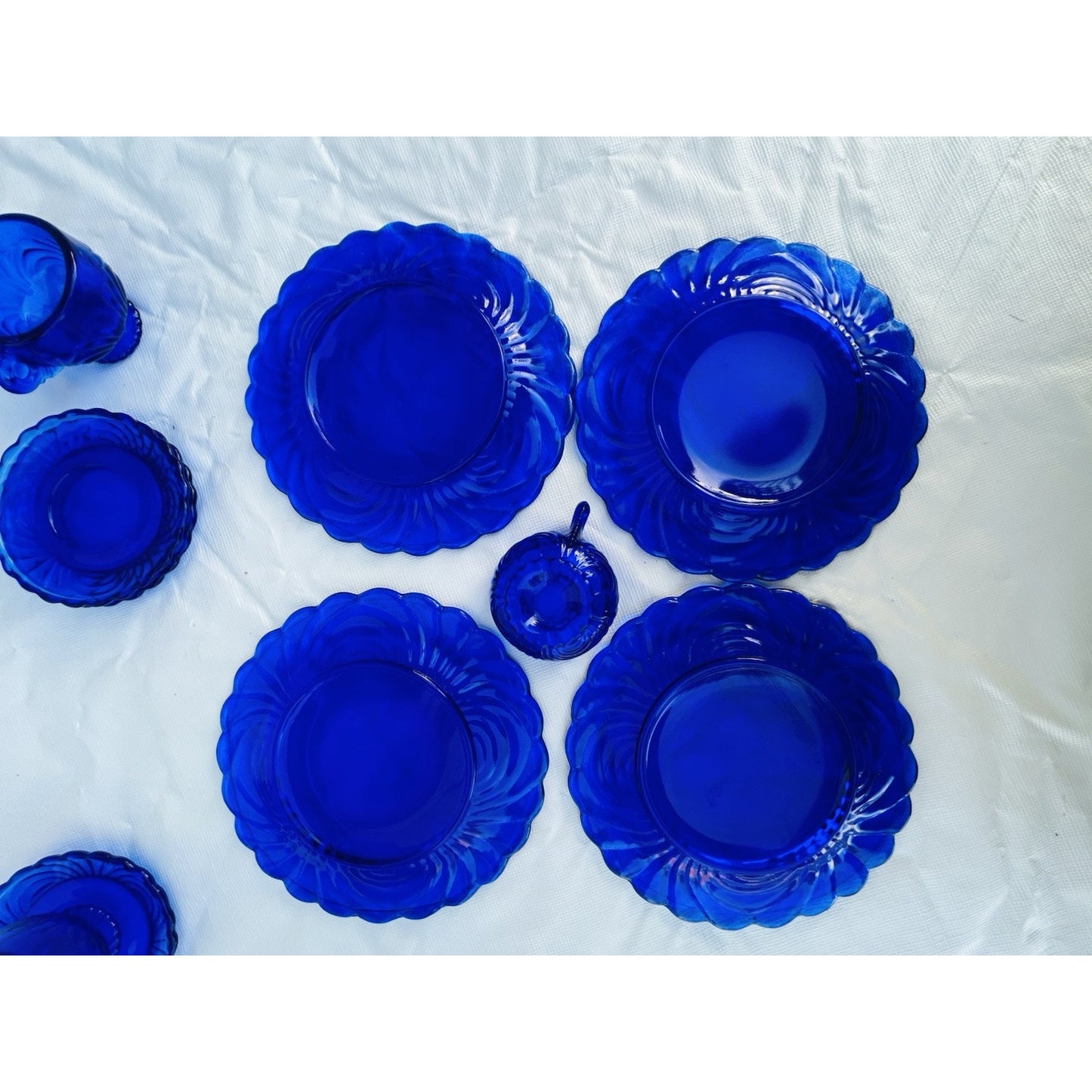 Vintage Doll Size Place Setting Cobalt Blue Glass 4 Plates 4 Teacups 4 Saucers