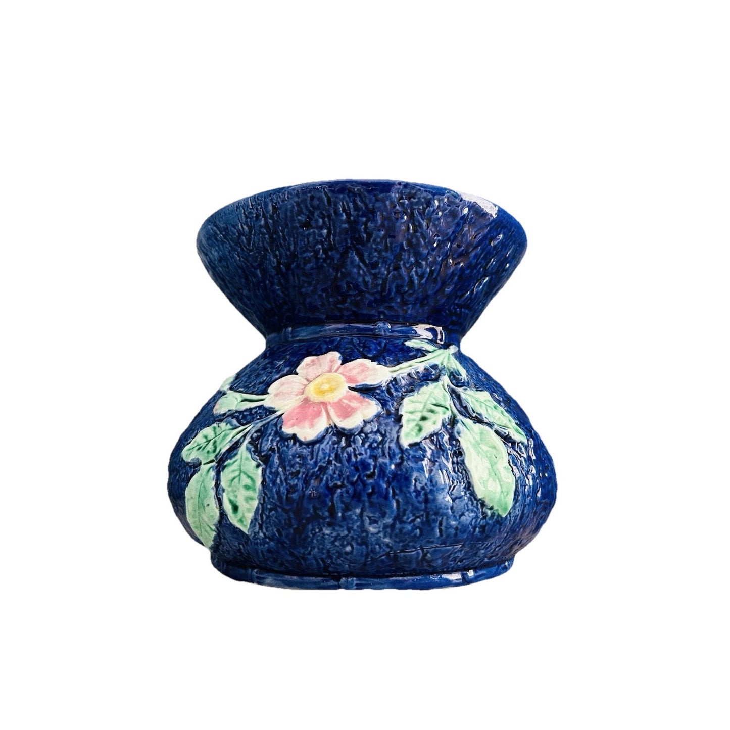 Antique Wild Rose Majolica Cupsidor 19th Century Squat Vase Home Decor Blue Pink
