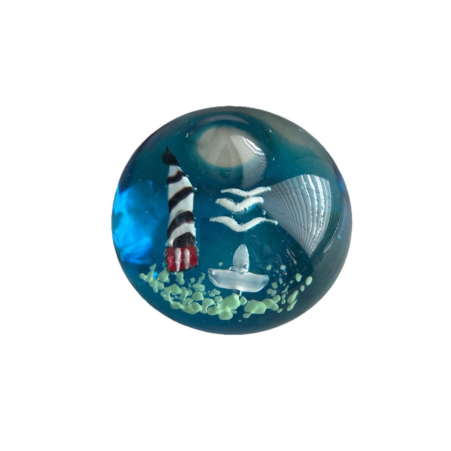 Glass Paperweight Nautical Beach Theme Home Decor Lighthouse Boat Blue Sky Birds