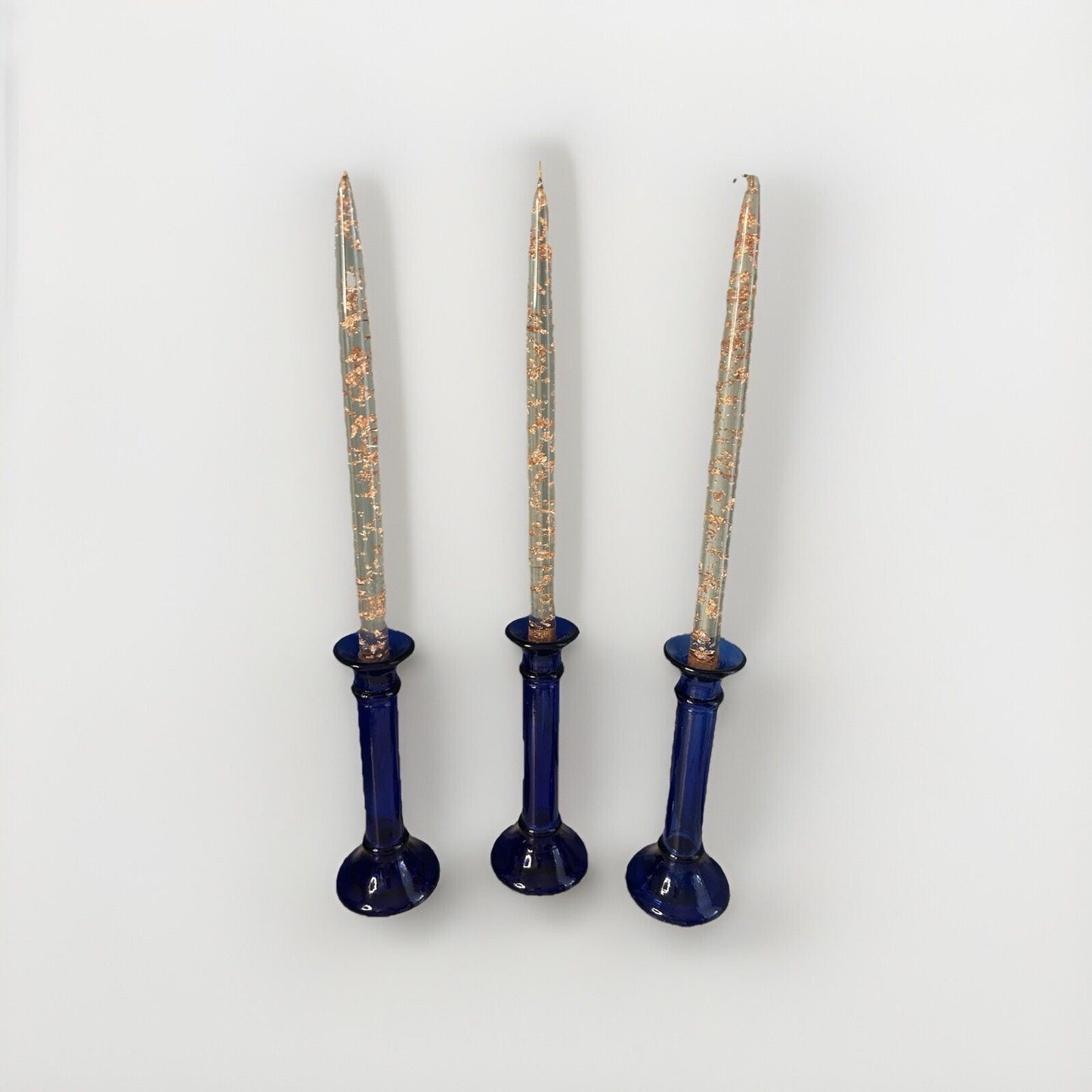 3 Vintage Pier 1 Imports Cobalt Blue Pillar Candle Holder or Vase Recycled Glass