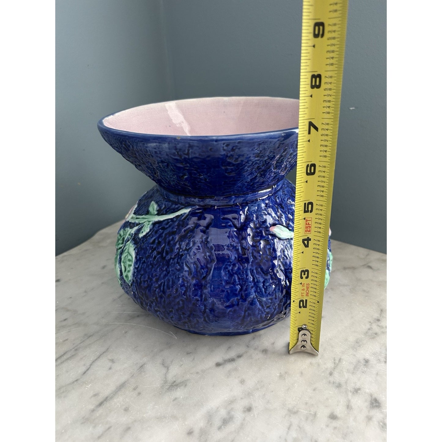 Antique Wild Rose Majolica Cupsidor 19th Century Squat Vase Home Decor Blue Pink