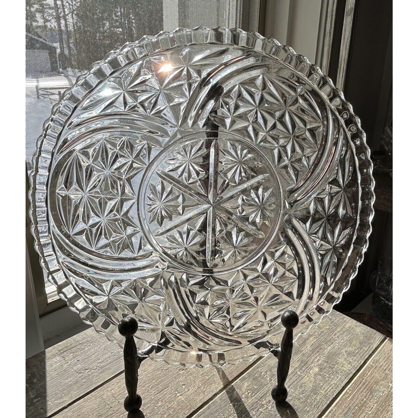 Anchor Hocking Stars and Bars Torte Plate Round Platter Tray Pressed Glass
