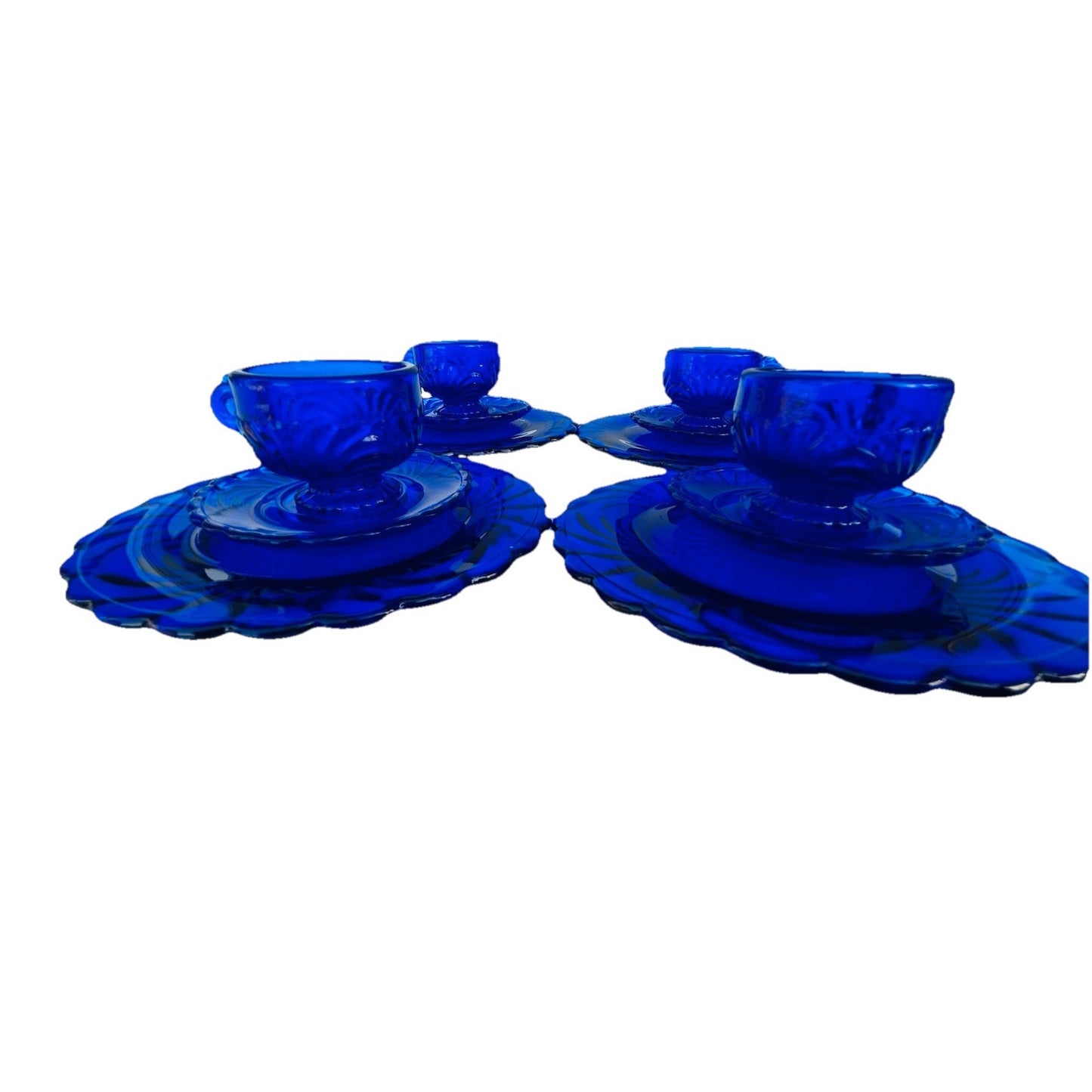 Vintage Doll Size Place Setting Cobalt Blue Glass 4 Plates 4 Teacups 4 Saucers
