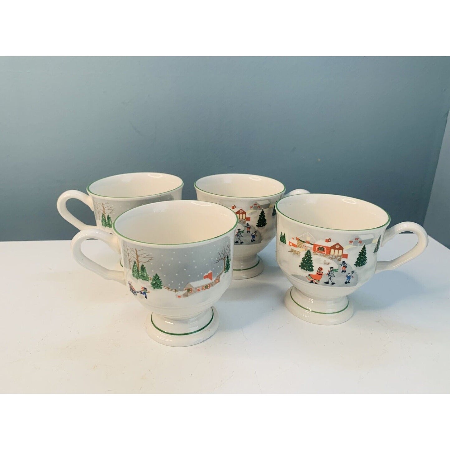 4 Sango Silent Night Footed Coffee Mugs Winter Scenes #3900 Vintage Christmas