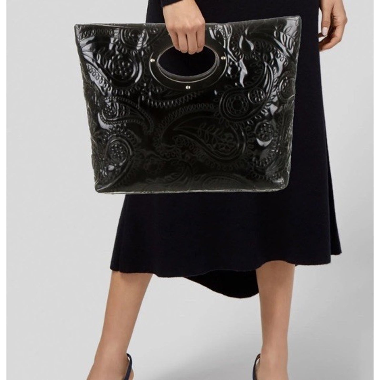 Kate Spade Black Patent Calabasas Kei Tote Large Clutch Purse Floral Stitch Bag