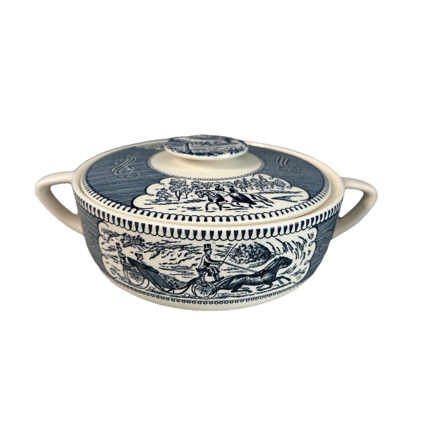 Royal Currier & Ives Blue White Ironstone Covered Casserole Dish Handles Vintage