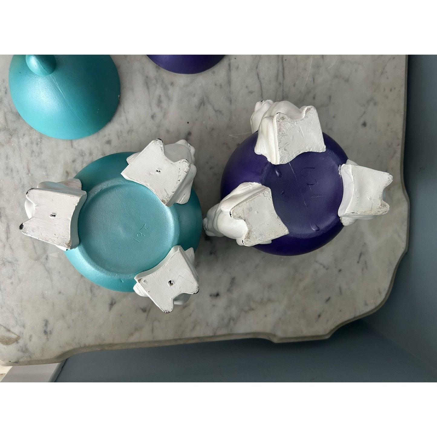 (2) 1960s Ceramic Easter Egg Candy Jar Hand Painted Bunnies Rabbits Purple Teal