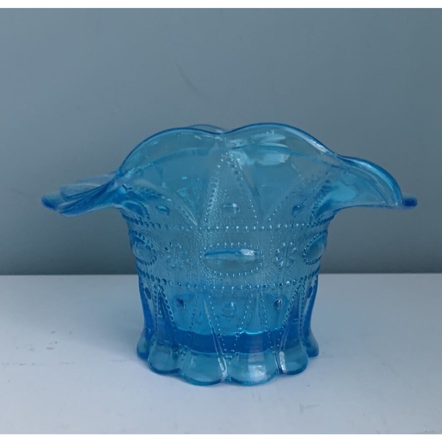 Vintage Kemple Blue Glass Basket Hat Vase Lace Dew Drop Pattern Lace N Dewdrop
