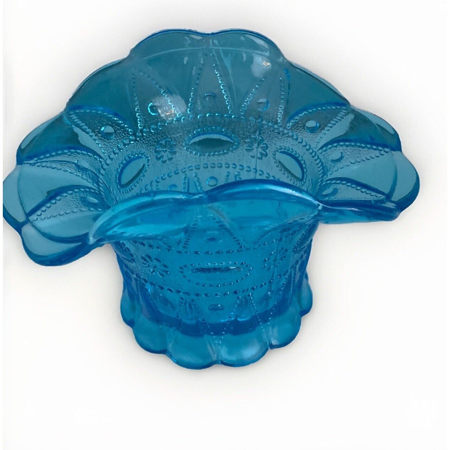 Vintage Kemple Blue Glass Basket Hat Vase Lace Dew Drop Pattern Lace N Dewdrop