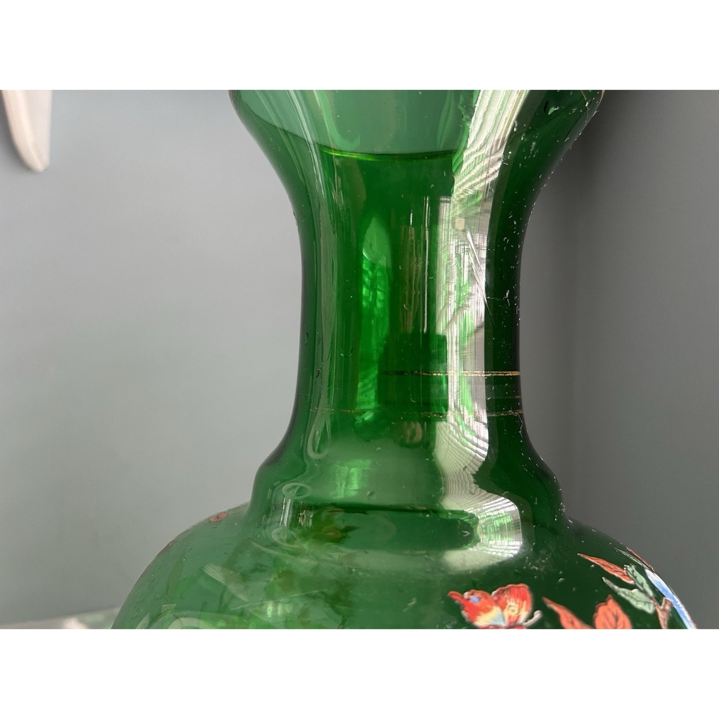 Norleans Large Green Glass Vase 16 " Gold Gilted Vintage Flowers Floral Design