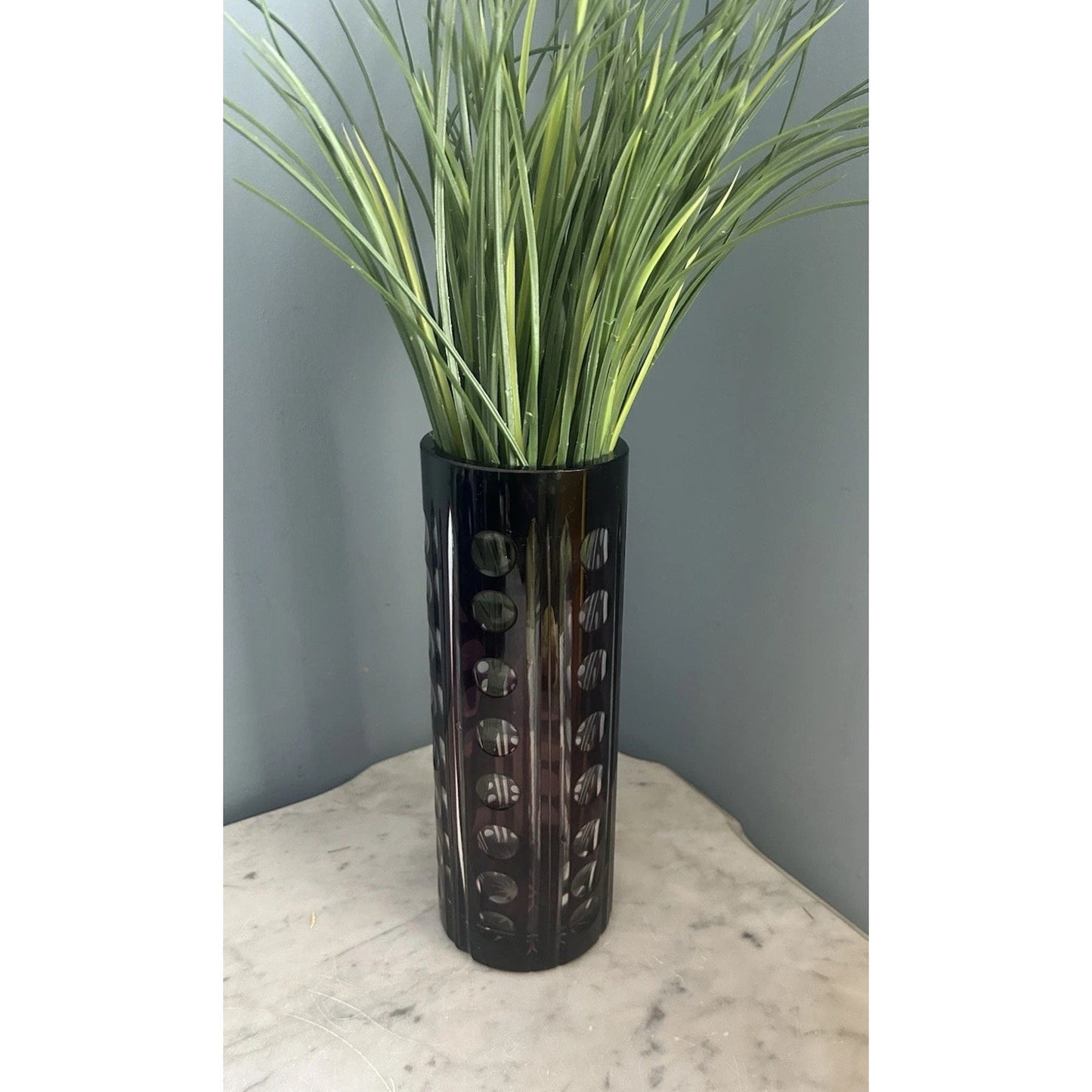 Vintage Purple Bohemian Tall Crystal Vase Amethyst 10” Tall Art Deco Geometric