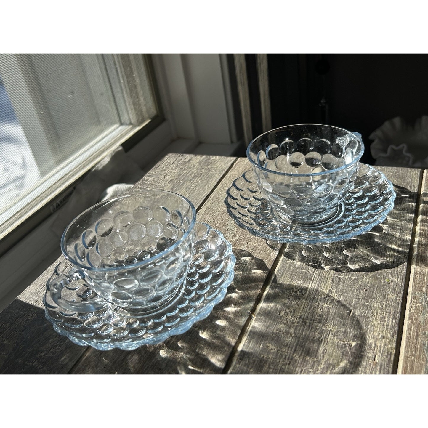 2 Anchor Hocking Fire King Blue Bubble Cup Saucer MCM 1940-1965 Coffee Tea