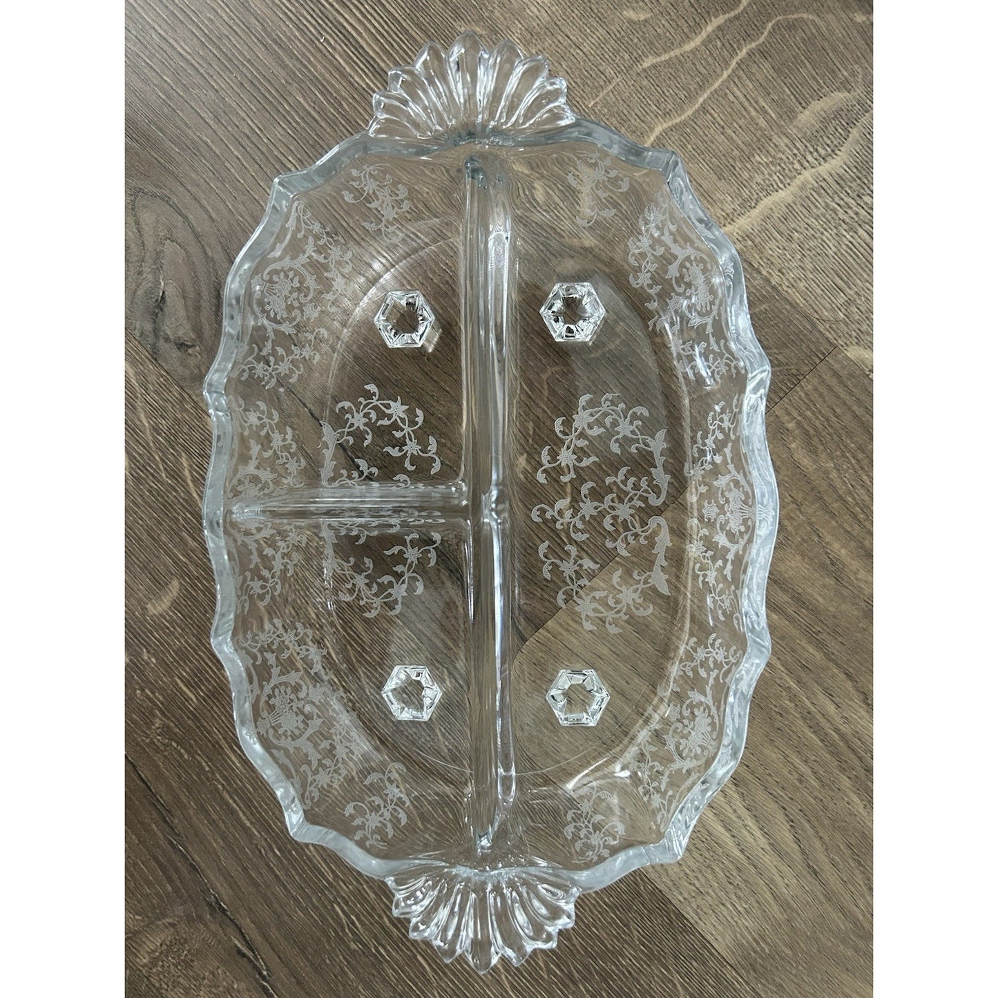 Fostoria Meadow Rose 3 Part Glass Footed Relish Dish Etched Crystal Vintage