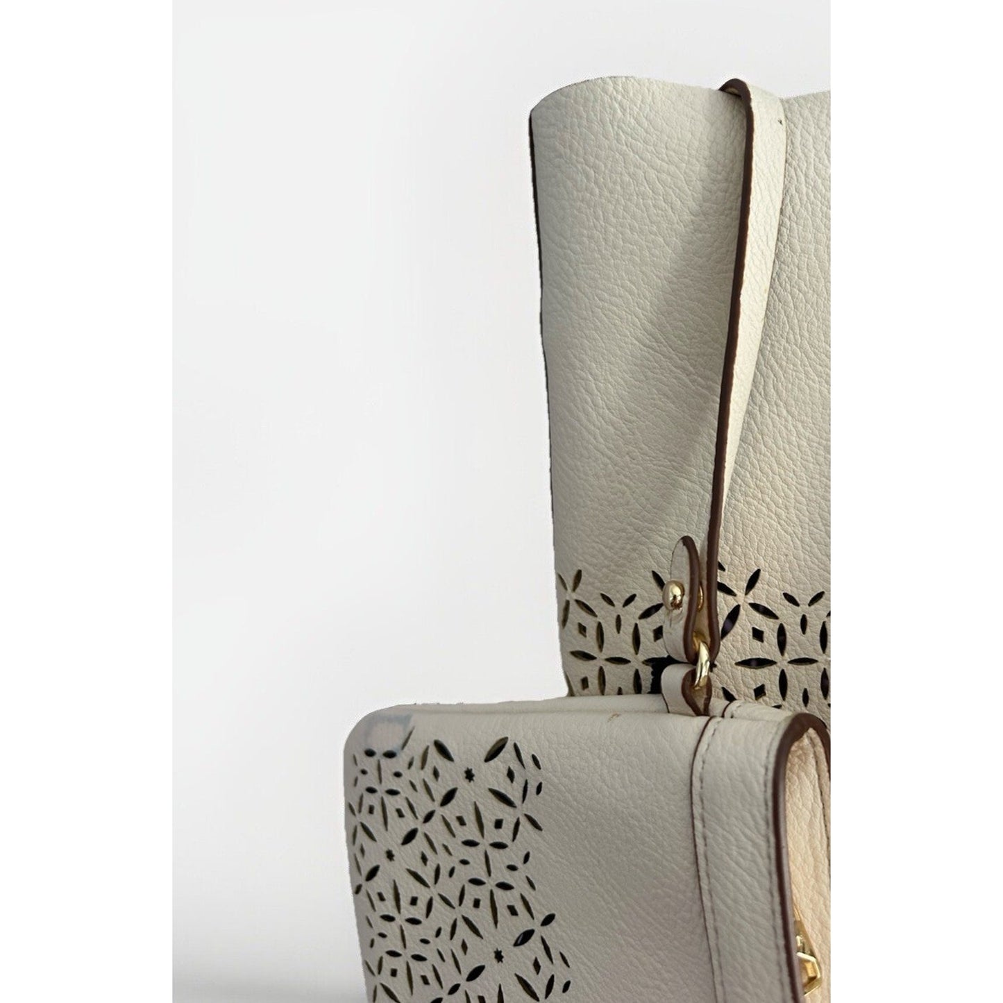 Ralph Lauren Laser Cut Perforated Chantilly Classic Tote Bag & Clutch Ivory Read