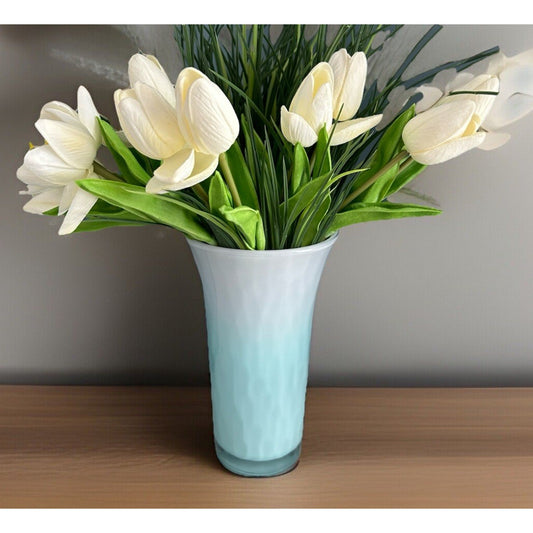 Libbey Ombre Teal Blue White Glass Vase 8" H Easter Spring Decor Pastel Vintage