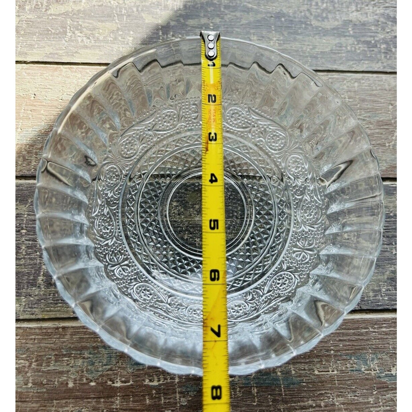 KIG Malaysia Fleur de Lis Pressed 7 1/4” Glass Trellis Serving Bowl Fluted Edges