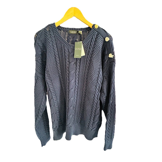 Lauren Ralph Lauren Women's Plus 3X Aran-Knit Cotton Sweater Navy Blue Cable New