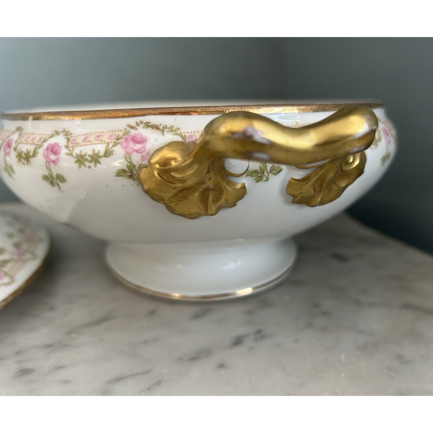 Oval Covered Serving Bowl lid Limoges Wm Guerin GUE19 Pink Roses Antique Gold