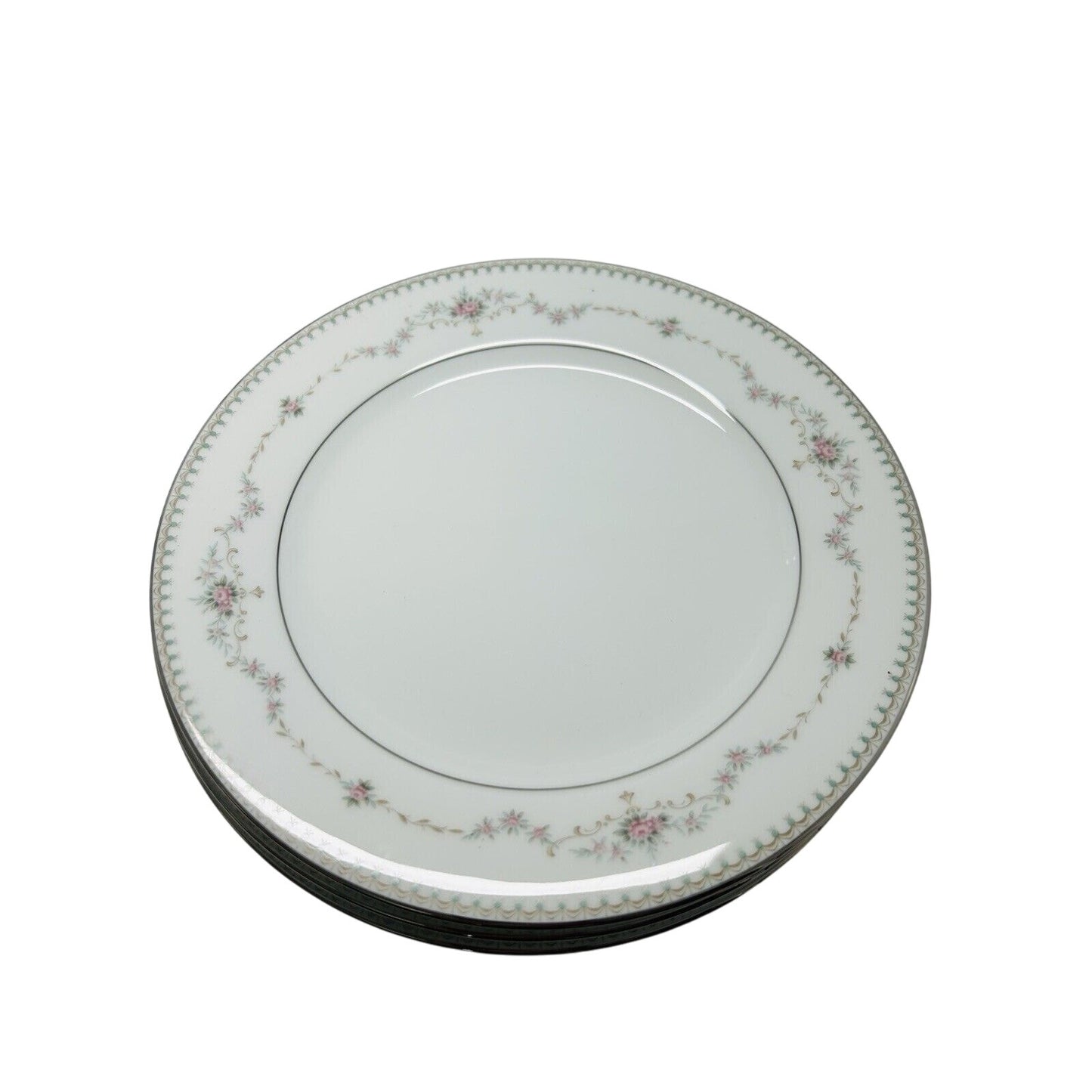 4 Noritake China Fairmont 6102 8 1/4" Salad Plate Platinum Trim New Pink Flowers