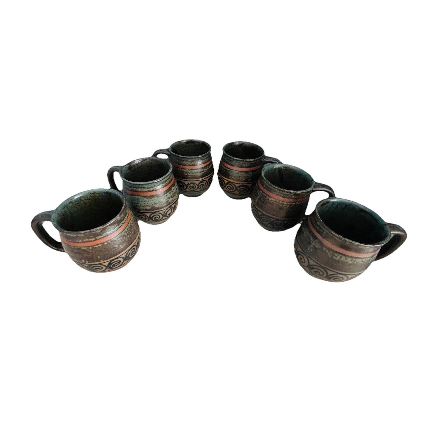 6 Vintage Japan Potbelly Coffee Mugs Mottled Glaze Stoneware Textured 12 oz