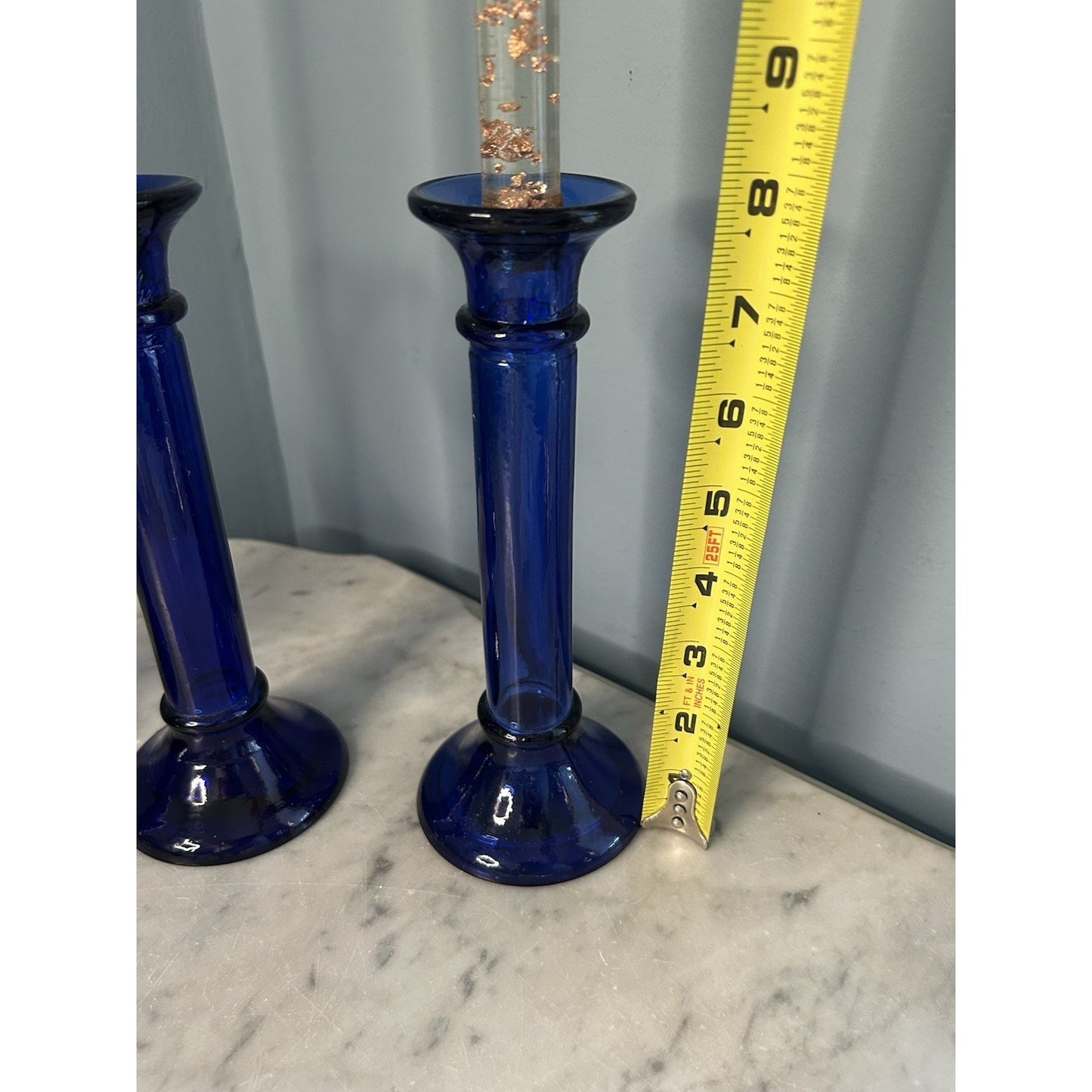 3 Vintage Pier 1 Imports Cobalt Blue Pillar Candle Holder or Vase Recycled Glass