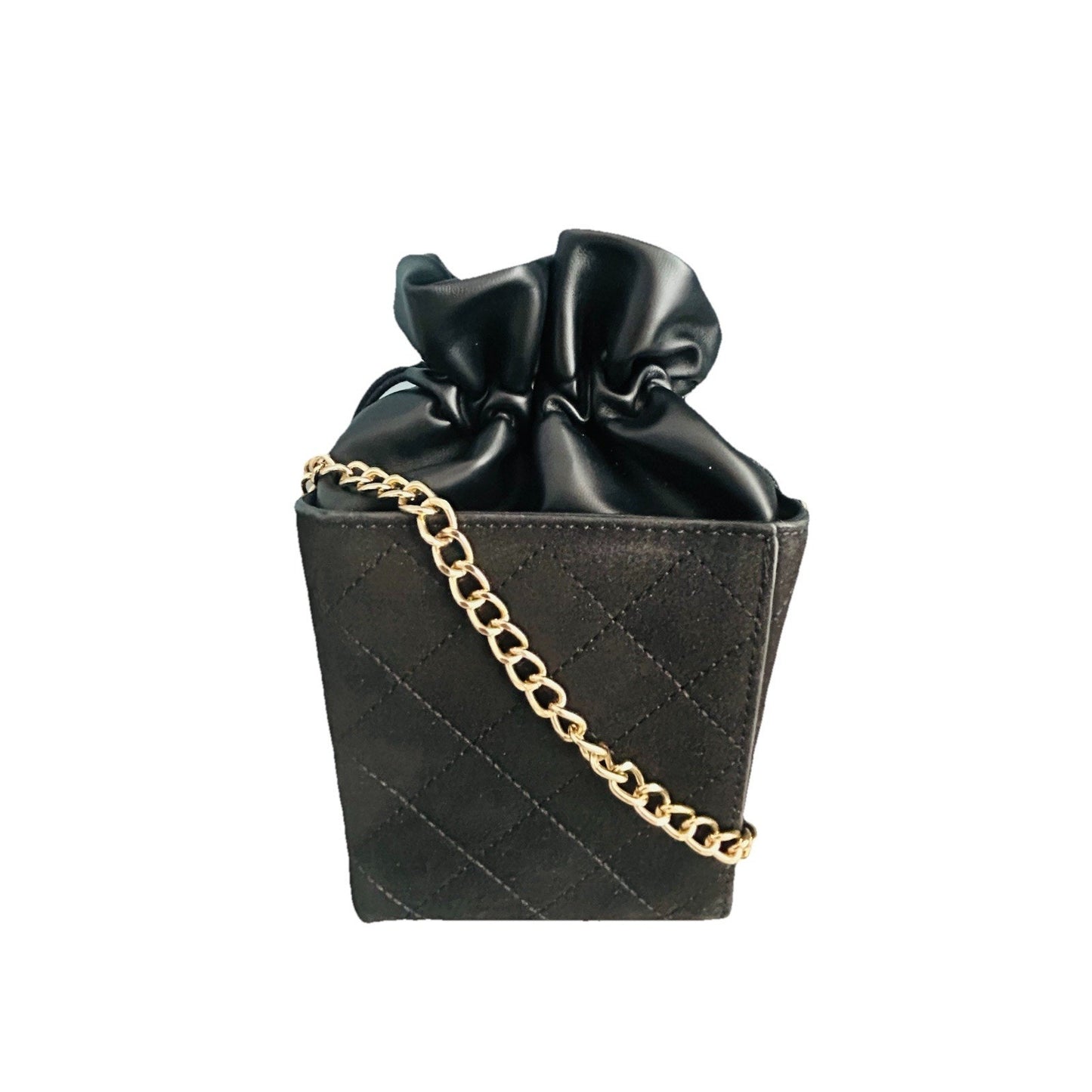 Quilted Mini Drawstring Shoulder Bag Black Pouch Gold Chain Crossbody
