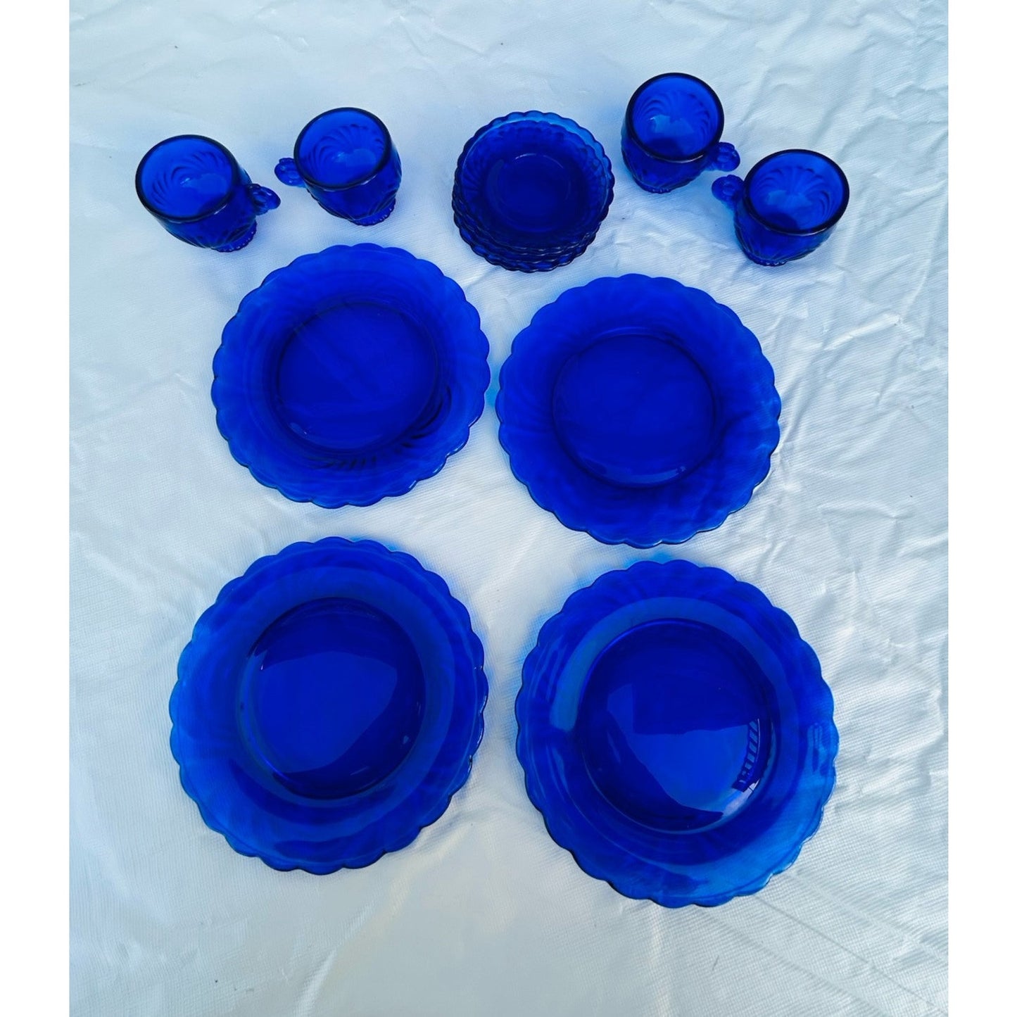 Vintage Doll Size Place Setting Cobalt Blue Glass 4 Plates 4 Teacups 4 Saucers