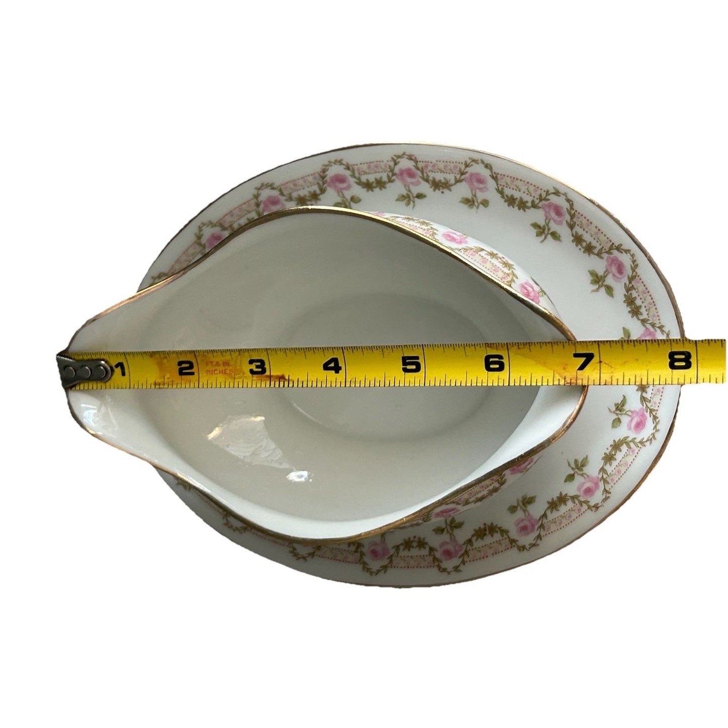 Antique Limoges Wm Guerin & Co. GUE19 Pink Roses Gravy Boat attached Underplate