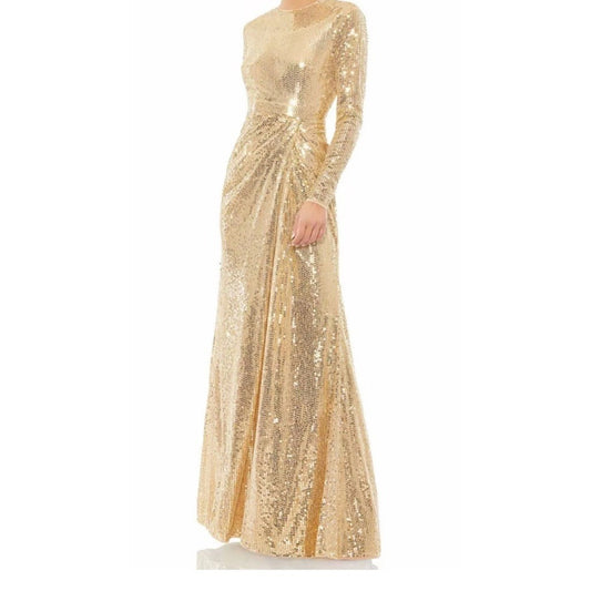 Mac Duggal Gold Gown Size 14 Sequined High Neck Long Sleeve Draped Dress 10824