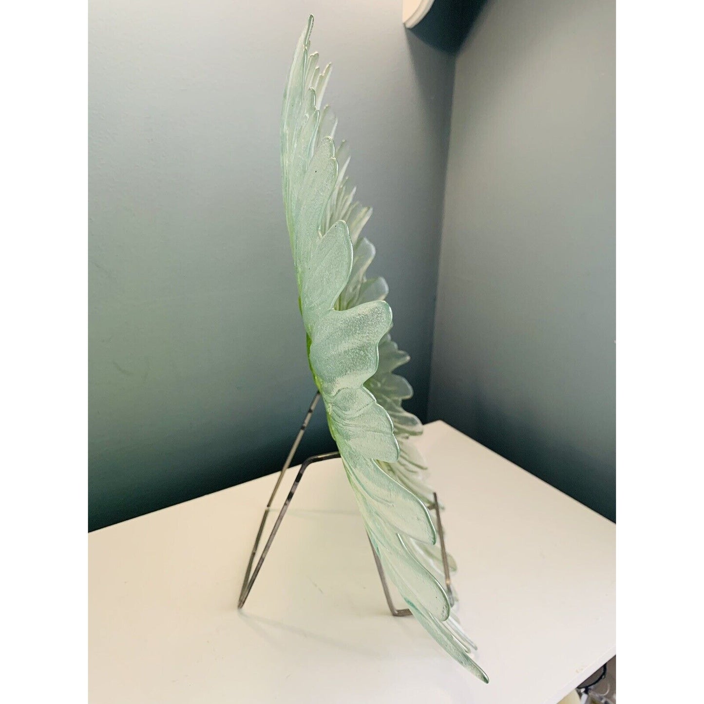 17” Green Flower Platter Hand Blown Art Glass Large Serving Tray Sunflower Heavy