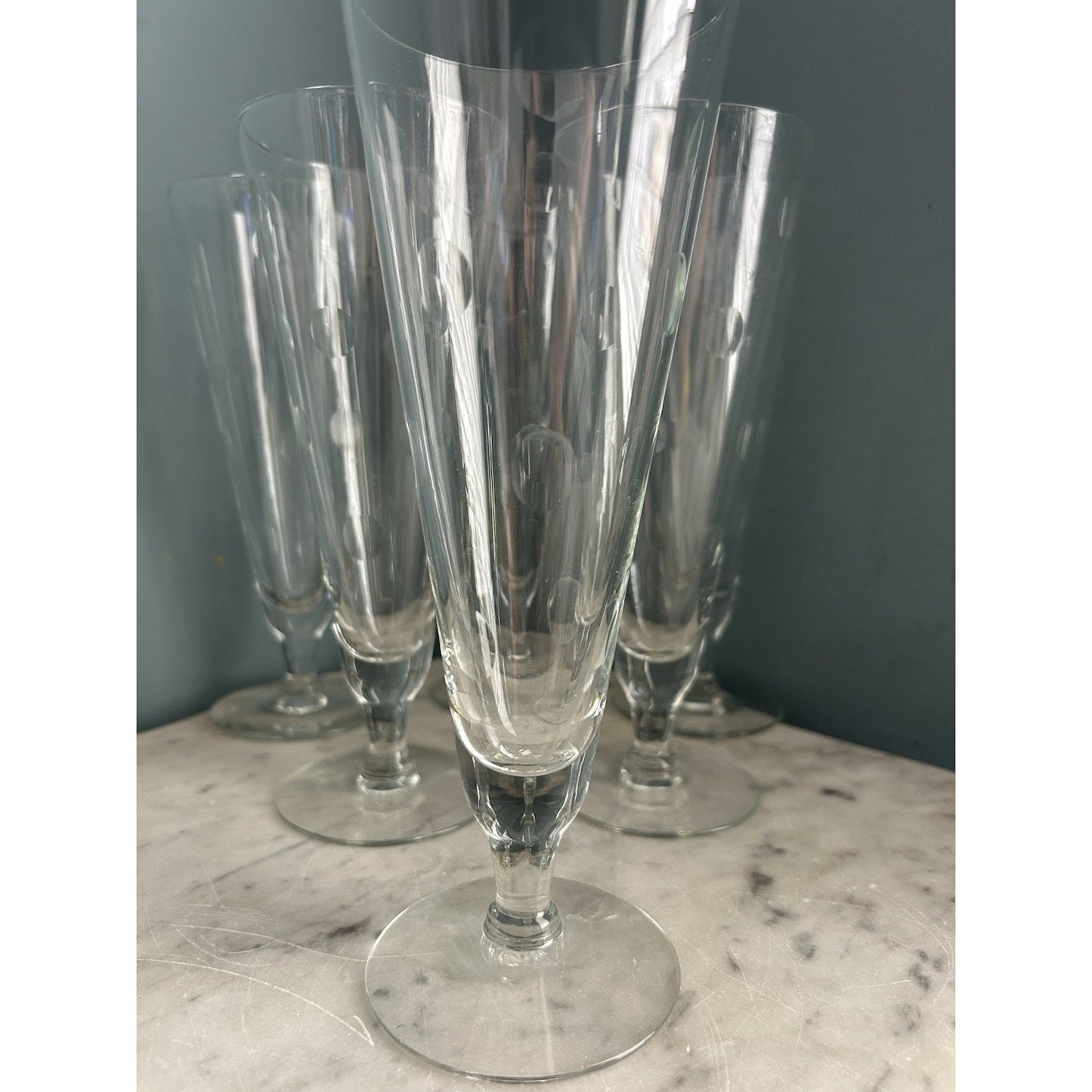 6 Hazel Arts Vintage Etched Polka Dot Champagne Glasses Pilsner Glass Coin